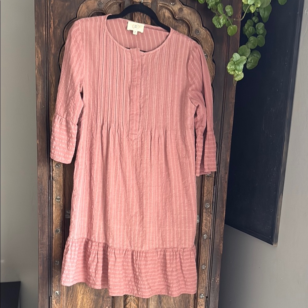 Pink Dress from Sundance Catalog with bell sleeves and ruffle bottom